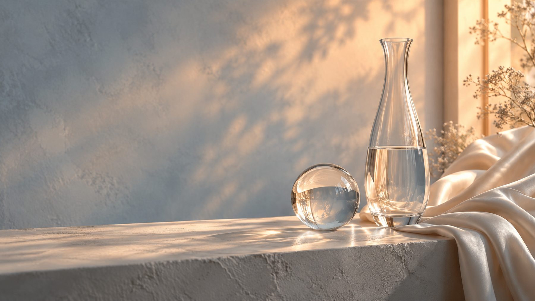 A clear glass carafe and a glass sphere on a stone ledge in warm morning light