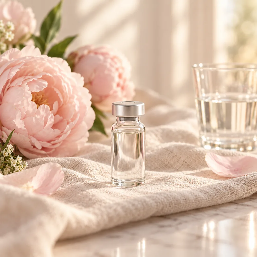 A single unlabelled glass vial on cream linen beside blush peonies